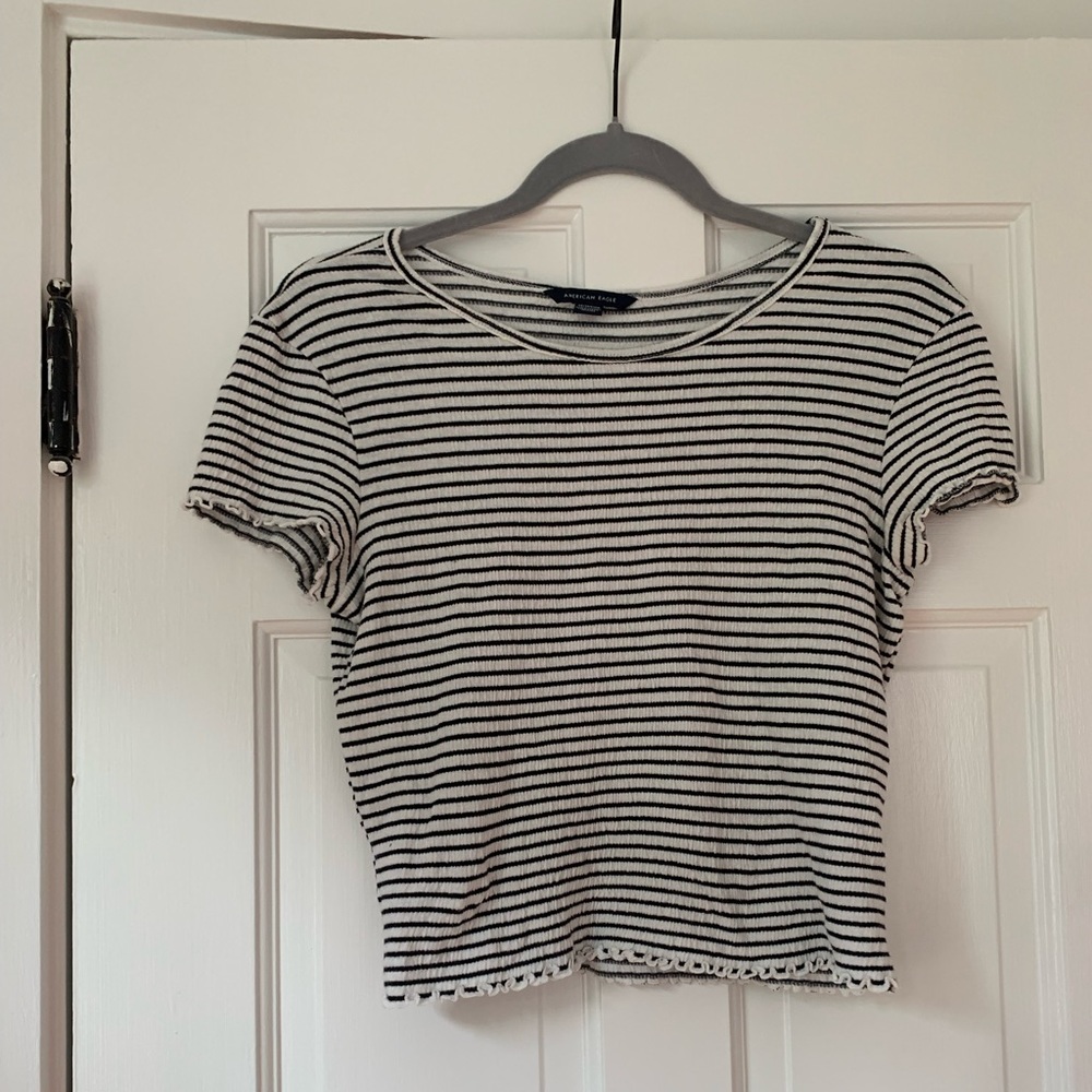 Black and White Striped Tee with Ruffled Edges, American Eagle, Size Extra Small